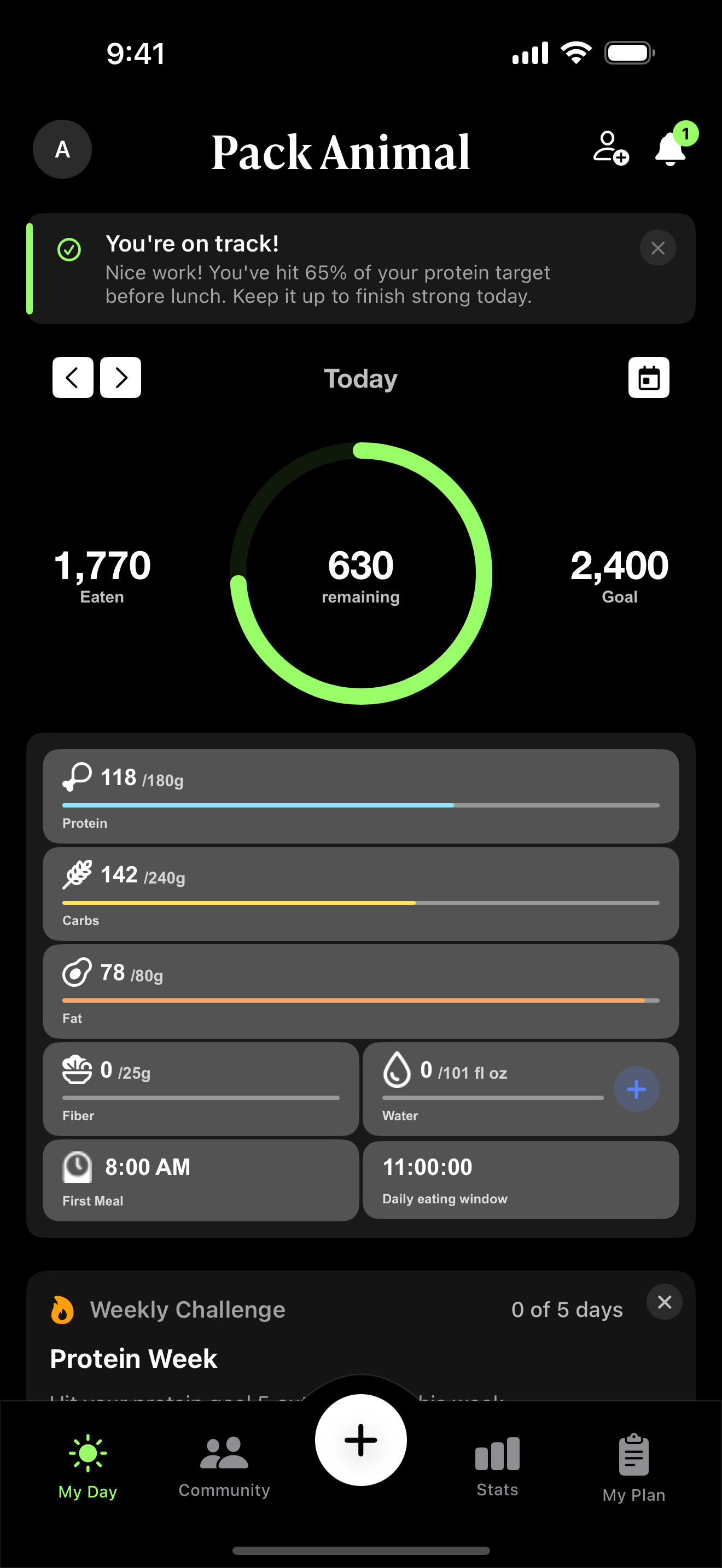 Pack Animal — My Day screen showing calorie ring, macro bars and water tracker